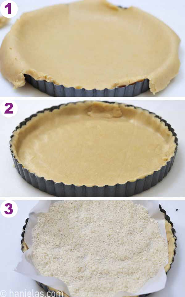 A tart pan being fitted with a cookie dough.