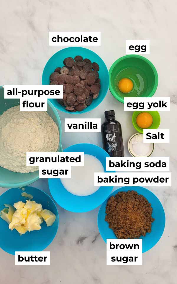 Small bowls with baking ingredients.