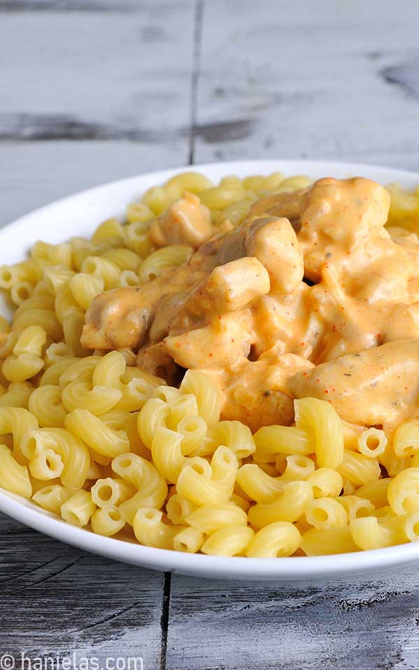 Close up of pasta with chicken stew in a white bowl.