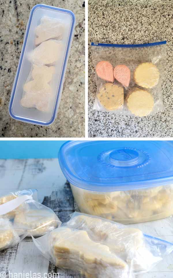 An airtight container and ziploc bags filled with cut out cookie wrapped in food wrap.