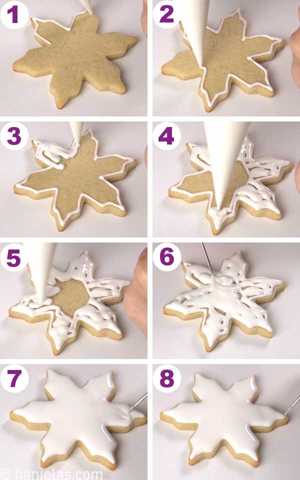 Snowflake sugar cookies decorated with white icing.