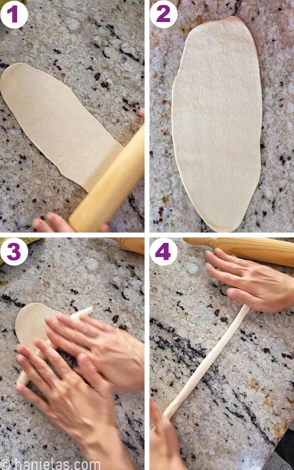 Hands shaping a piece of dough into a snake.