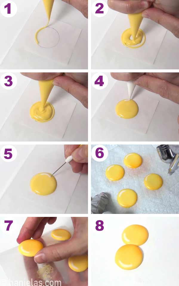 Piping a yellow disk with royal icing and airbrushing it with orange color.