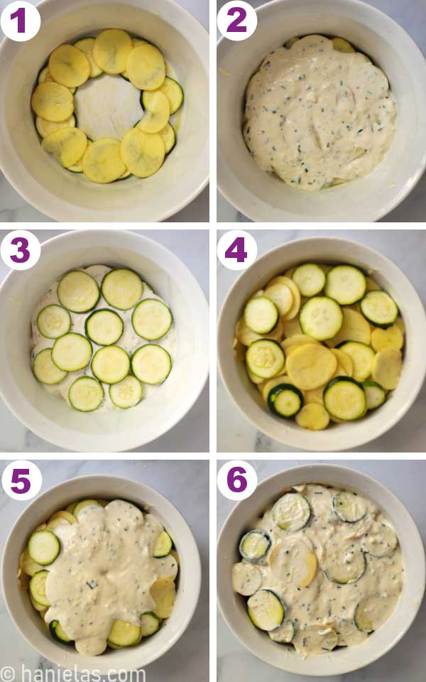 View from the above, showing layering of zucchini and potato into a baking dish.