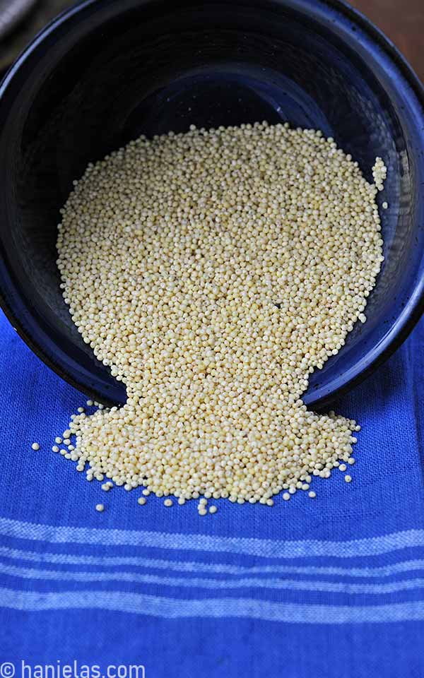 Uncooked millet grains in a blue bowl.