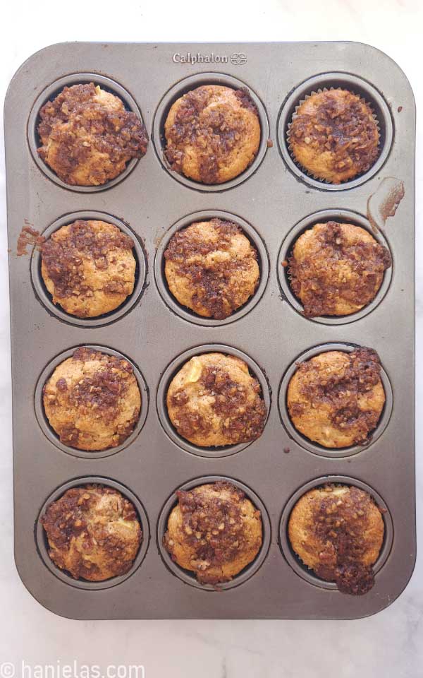 Baked muffins in a silver muffin pan.