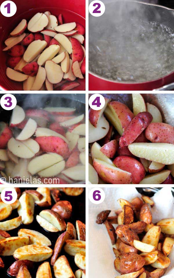 A pot with boiling water and quartered red potatoes.