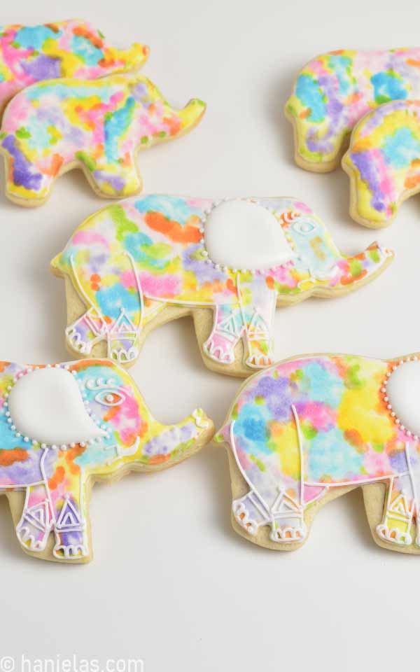 Several decorated cookies displayed on a counter.