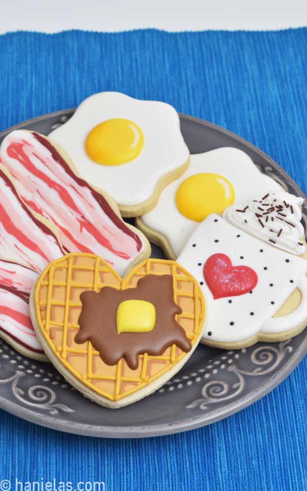 Decorated Breakfast Cookies: Waffle, Bacon, Egg and Coffee with Whipped Cream