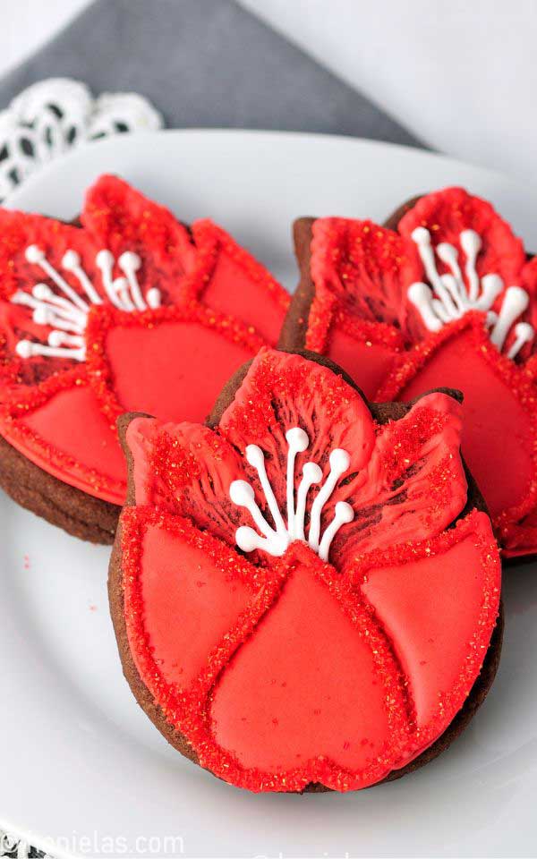 A close-up of a cookie decorated with icing.