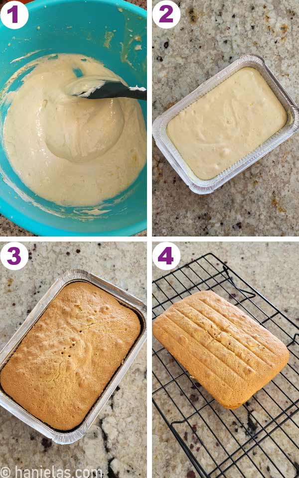 A small aluminum pan filled with cake batter, baked cake on a cooling rack.