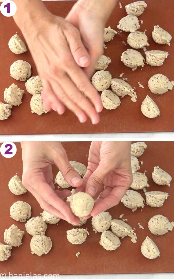 Hands shaping cookie dough into balls.