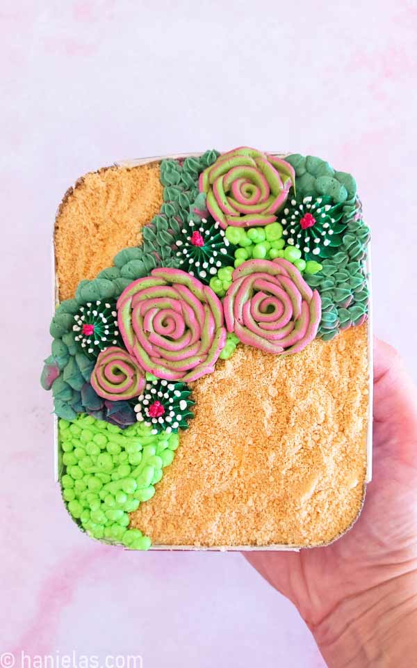 Hand holding a small pan with decorated buttercream cake.