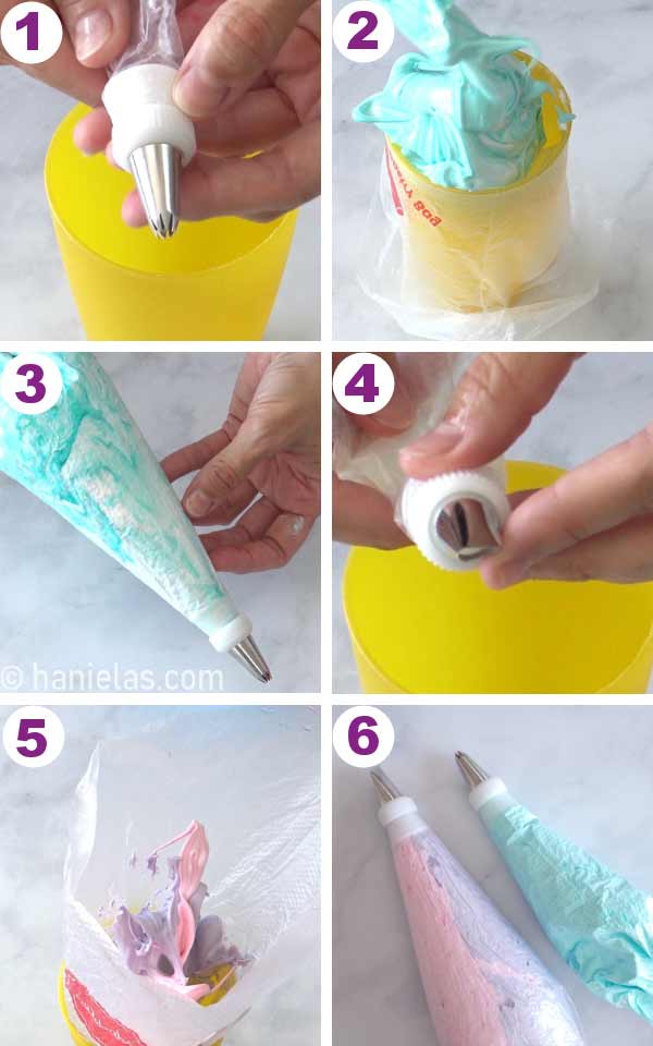 Tall yellow cup with a piping bag, meringue inside of the bag.
