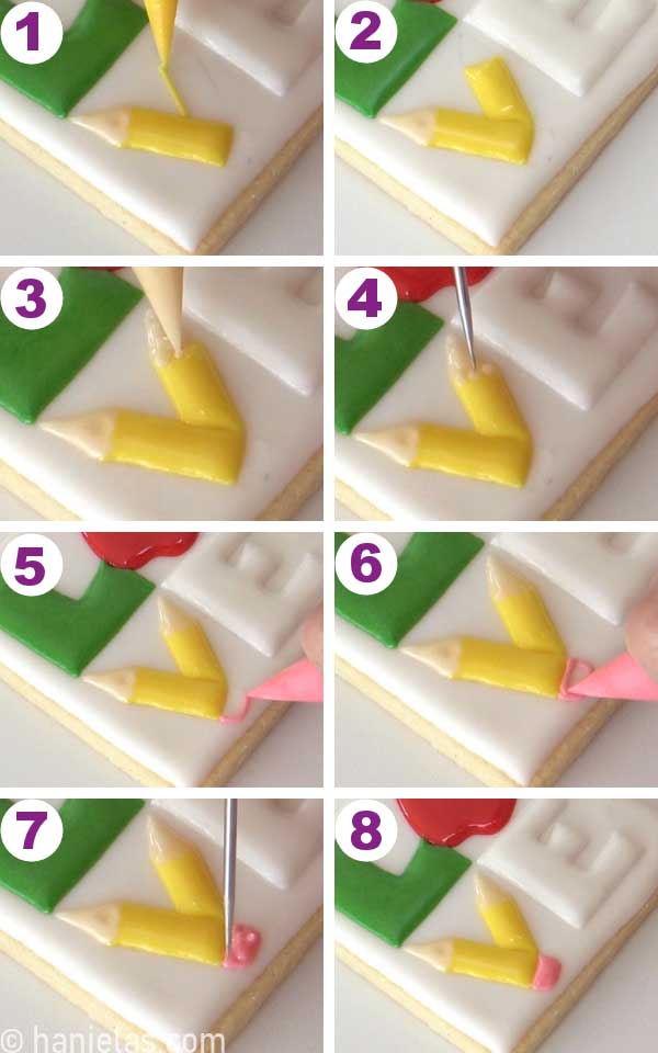 Outlining and flooding yellow pencil design on a cookie.