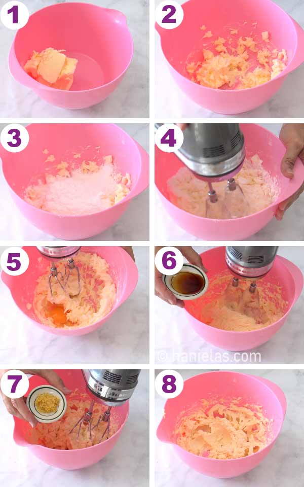 Pink mixing bowl with creamed butter and sugar.