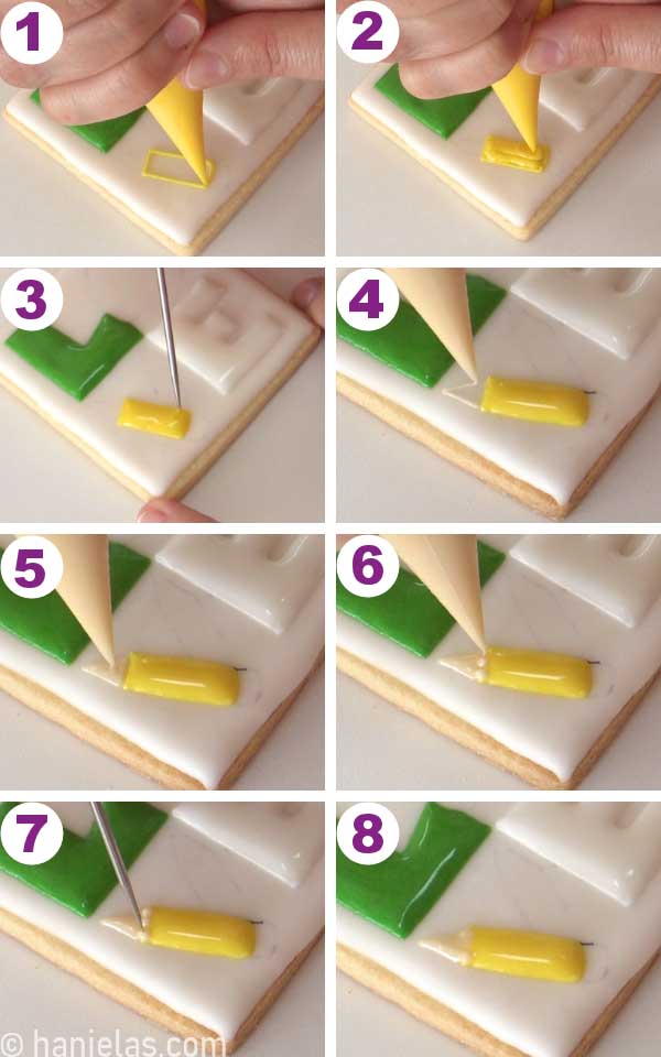 Creating a pencil with yellow and ivory royal icing.