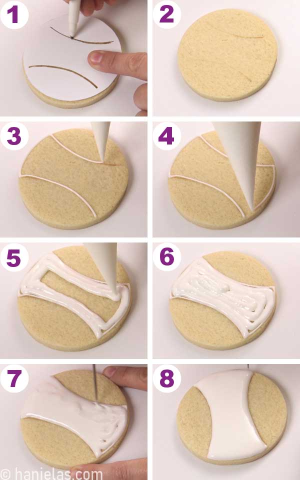 Flooding the middle of the round cookies with white icing.