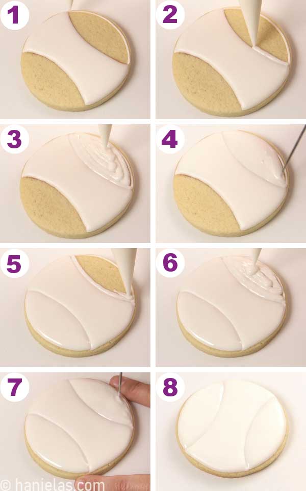Round cookies, iced with white icing, scribe tool smoothing the icing.