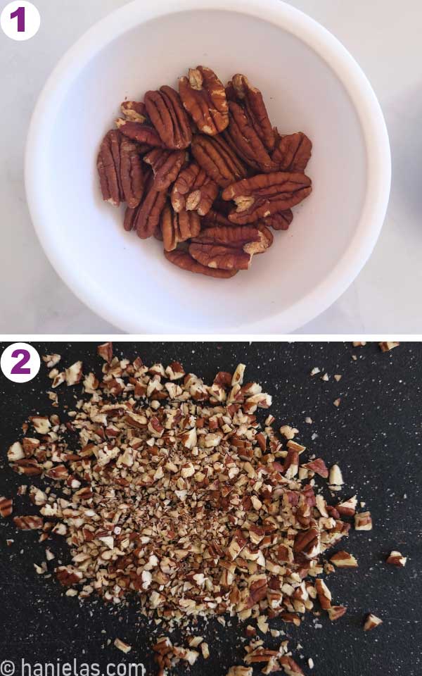 A white dish with whole pecans and a black chopping board with chopped pecans.