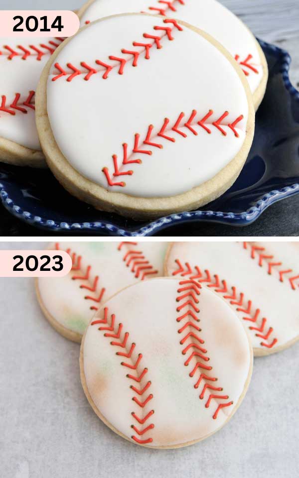 Two cookies decorated with same designs, a decade apart.
