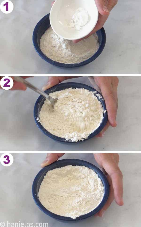 Flour and salt in a small blue bowl.