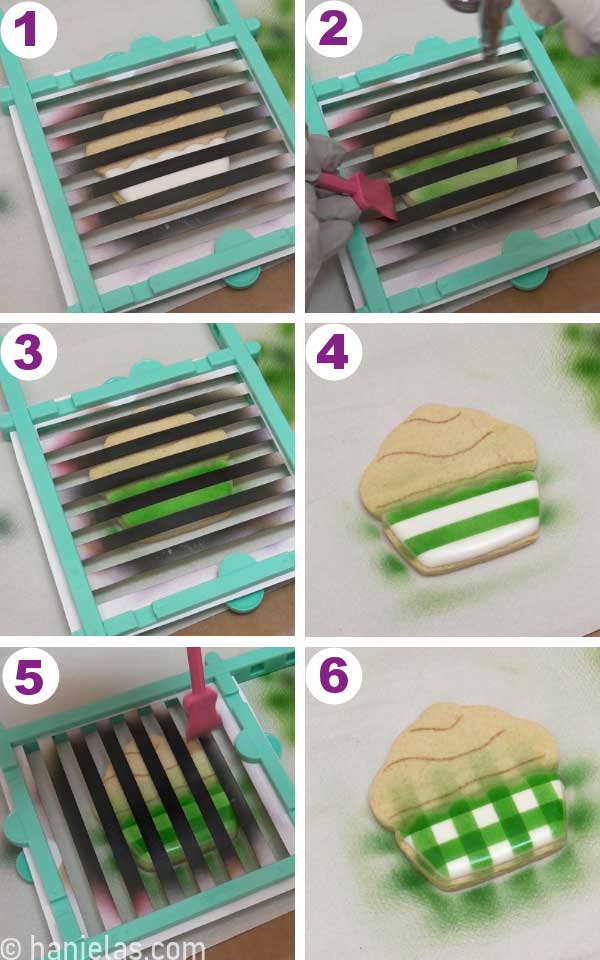 Stripe stencil on top of a cookie. Hand holding an airbrush gun, airbrushing white icing with green airbrush color.