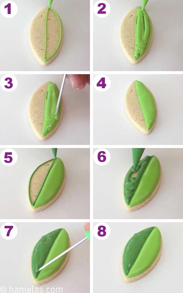 Leaf shape cookie decorated with two-tone royal icing.