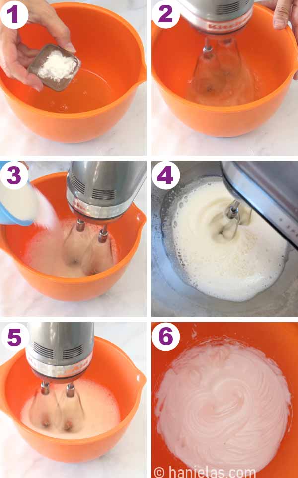 Meringue in the orange mixing bowl.