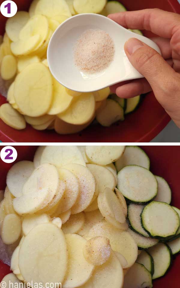 Hand holding a small dish with salt, over a bowl with potatoes and zucchini slices.