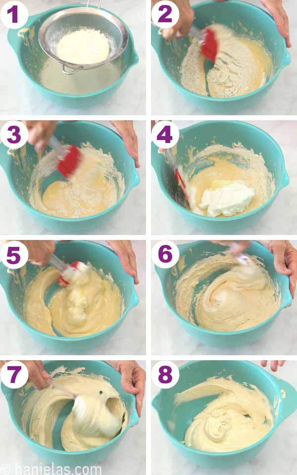 Light blue mixing bowl with cake batter.