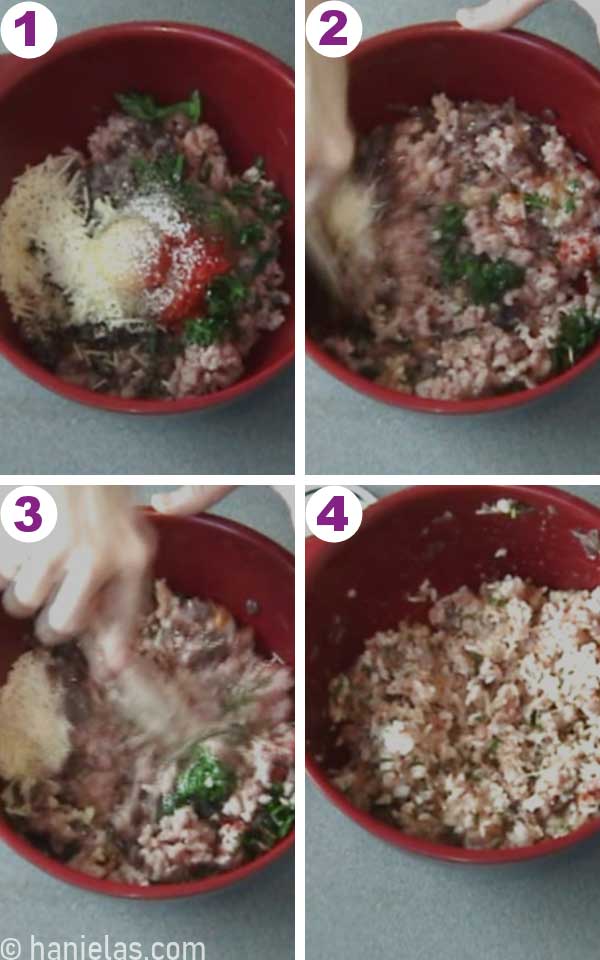 Red mixing bowl with ground meat and rice.