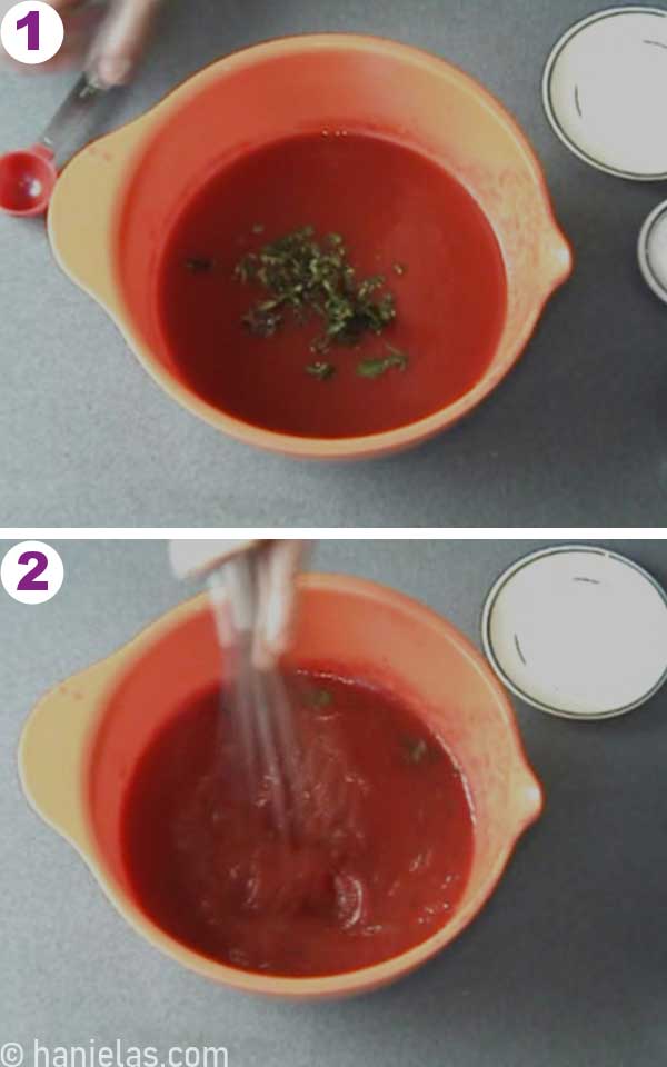 Mixing bowl with tomato sauce.