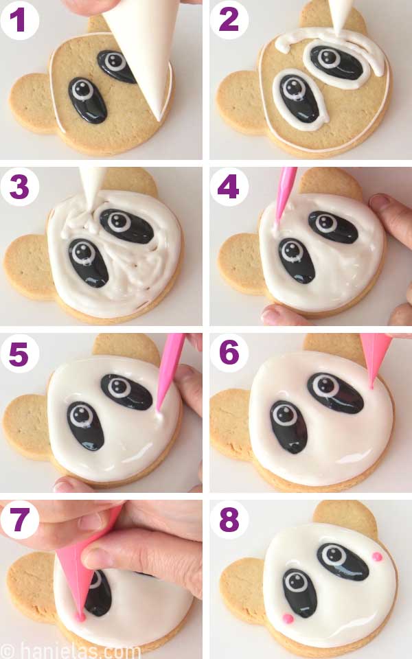 A hand holding a piping bag with royal icing, flooding a cookie with white icing.