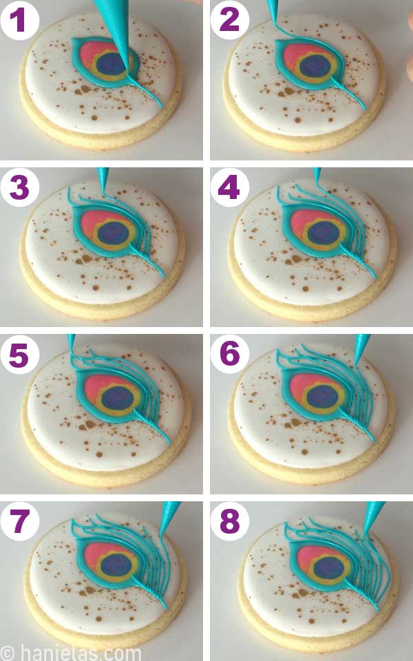 Piping teal royal icing lines onto a cookie.