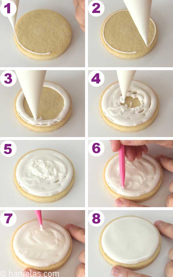 A round cookie flooded with white icing.