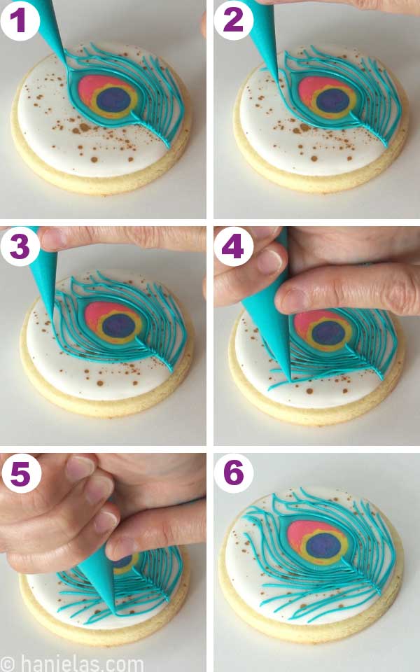 Piping teal lines onto a cookie.