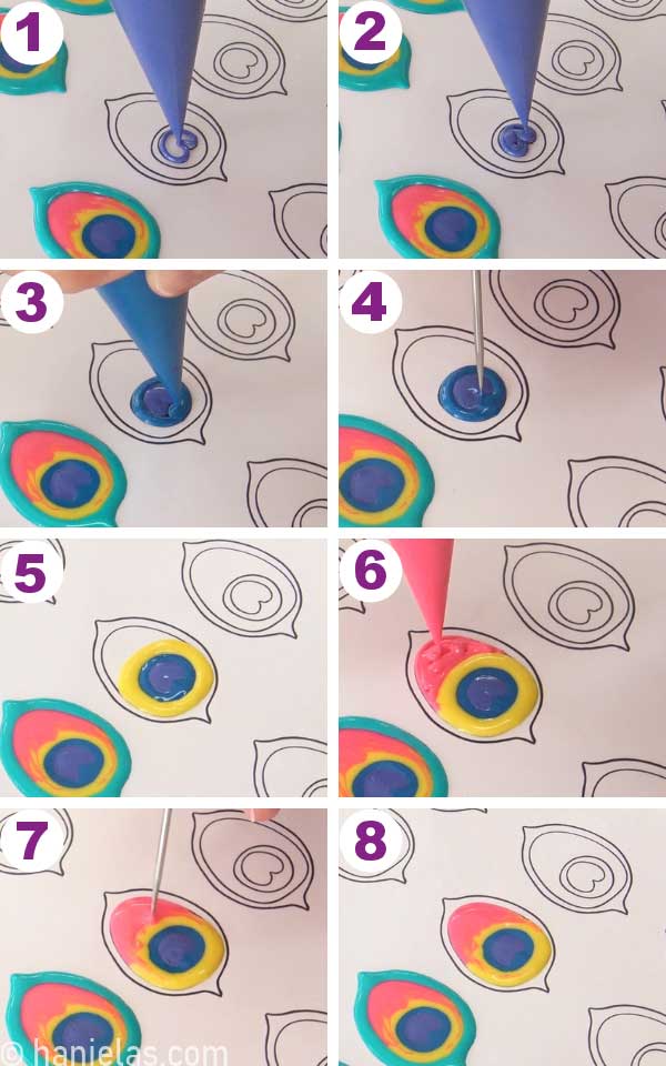 Pipping peacock feather eye with royal icing onto a template sheet.