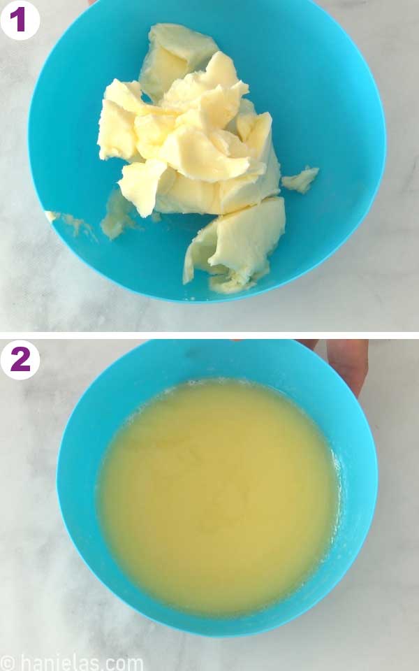 A small blue bowl with melted butter.