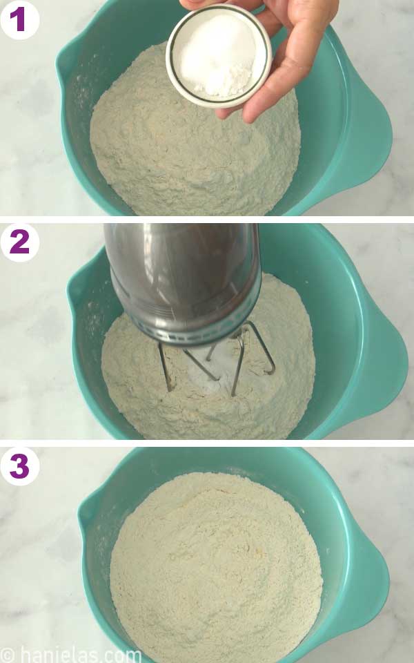 A blue mixing bowl with flour mix.