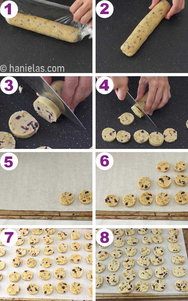 Knife slicing cookie dough log into slices.
