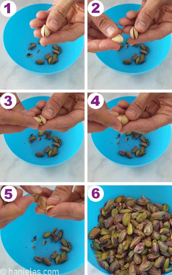 Hand showing how to shell pistachios.