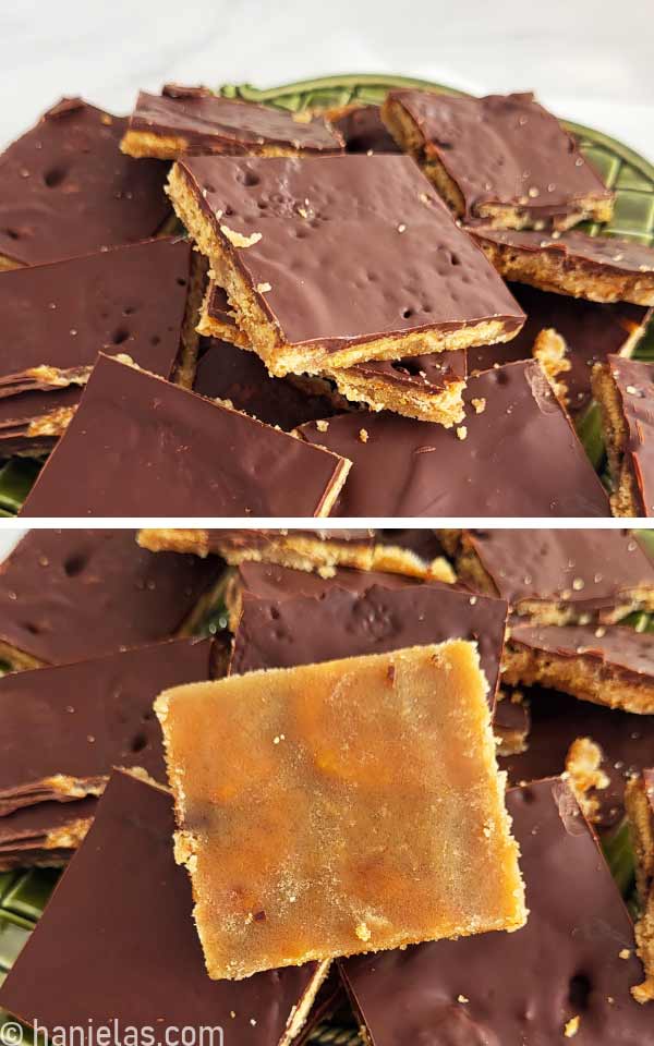 An underside of cookie toffee showing the caramel layer.