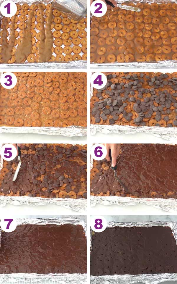 Baking sheet with layers of thin pretzels, toffee and chocolate.
