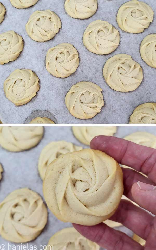 Baked cookies on a baking sheet.