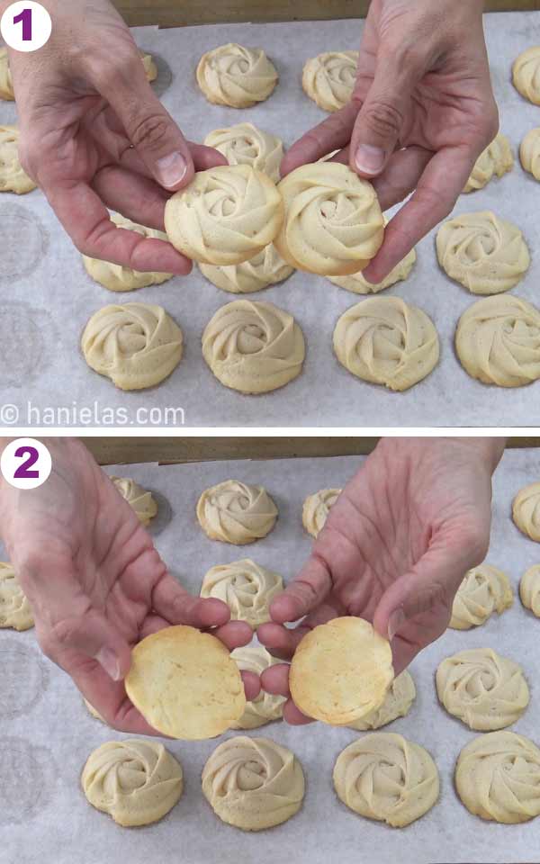 Hands holding two baked cookies.