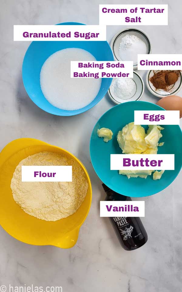 Bowls with cookie dough ingredients