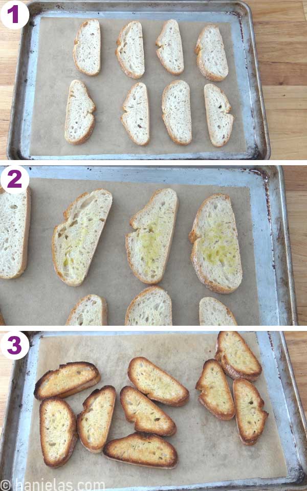 Slices of bread on a baking sheet.