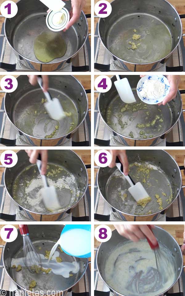 Flour roux in a stainless steel pot.