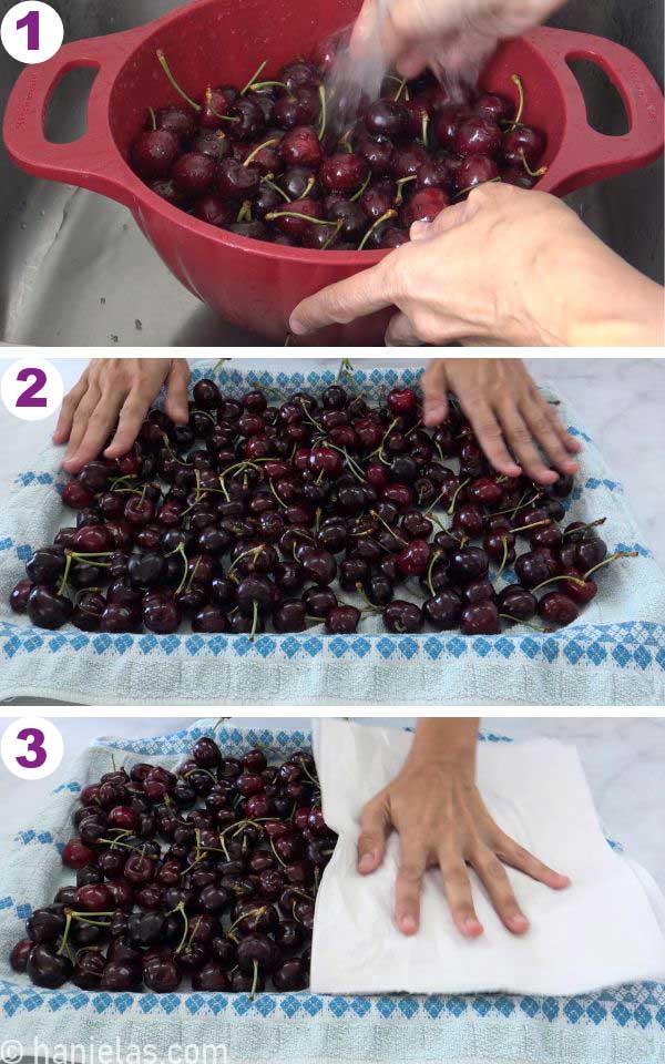 Cherries being washed in the sink and dried on kitchen towel.